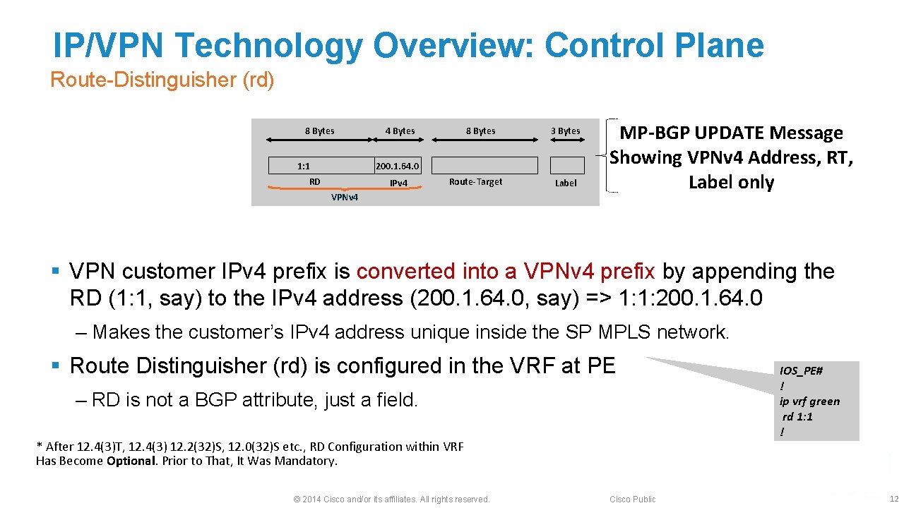 IP/VPN Technology Overview: Control Plane Route-Distinguisher (rd) 8 Bytes 1: 1 4 Bytes 8