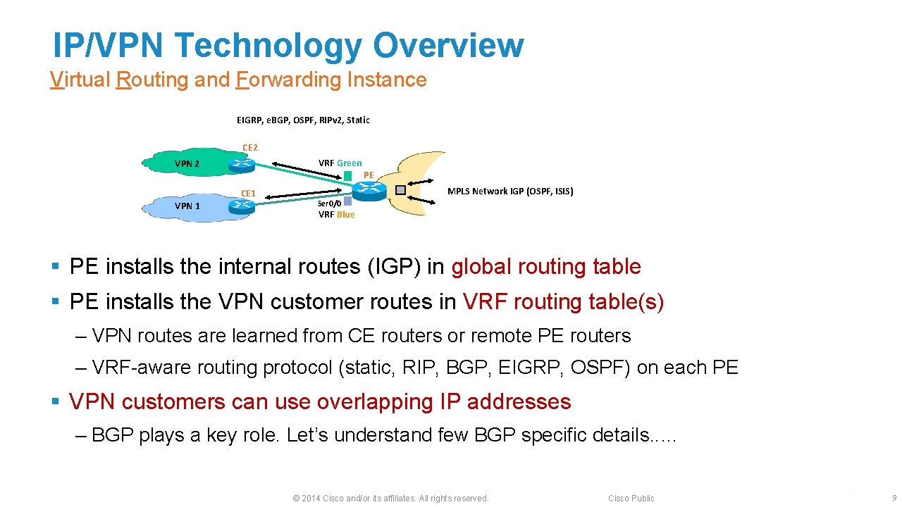 IP/VPN Technology Overview Virtual Routing and Forwarding Instance EIGRP, e. BGP, OSPF, RIPv 2,