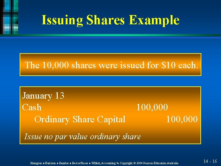 Issuing Shares Example The 10, 000 shares were issued for $10 each. January 13