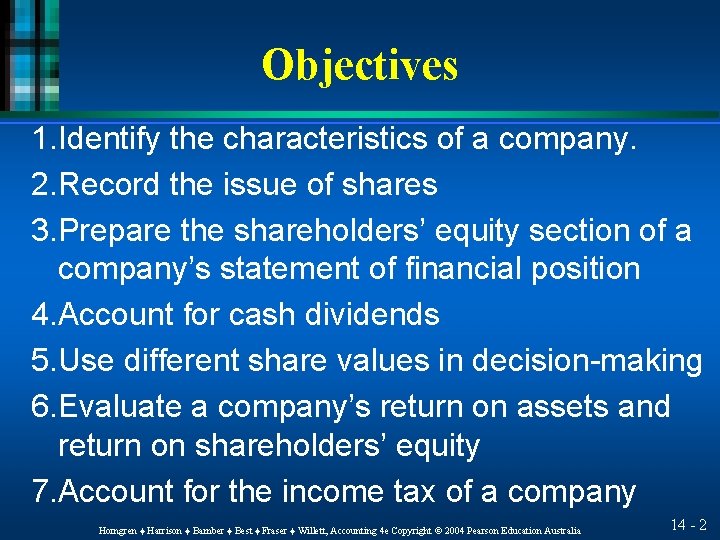 Objectives 1. Identify the characteristics of a company. 2. Record the issue of shares