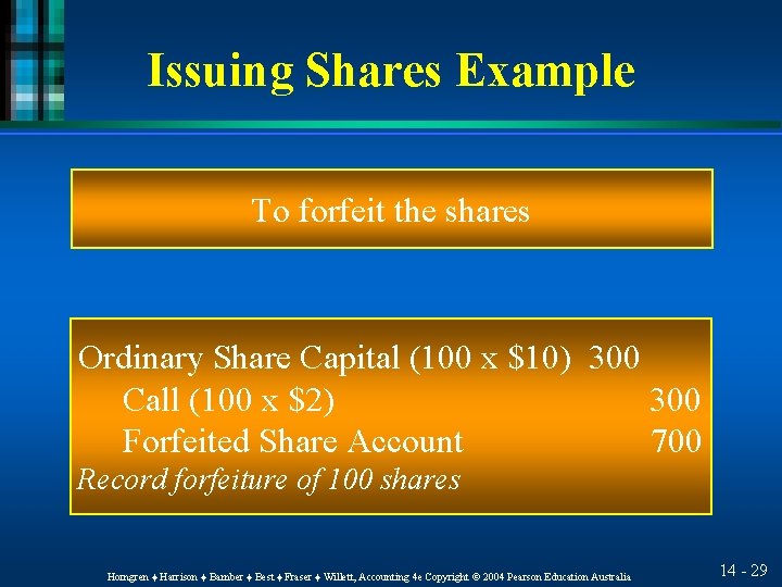 Issuing Shares Example To forfeit the shares Ordinary Share Capital (100 x $10) 300