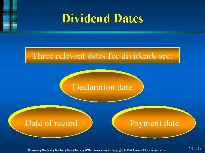 Dividend Dates Three relevant dates for dividends are: Declaration date Date of record Payment