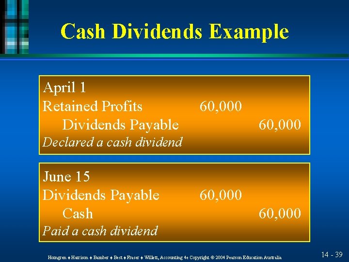 Cash Dividends Example April 1 Retained Profits Dividends Payable 60, 000 Declared a cash