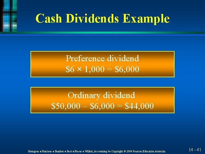 Cash Dividends Example Preference dividend $6 × 1, 000 = $6, 000 Ordinary dividend