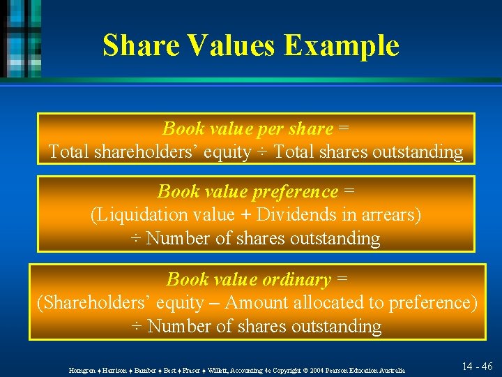 Share Values Example Book value per share = Total shareholders’ equity ÷ Total shares