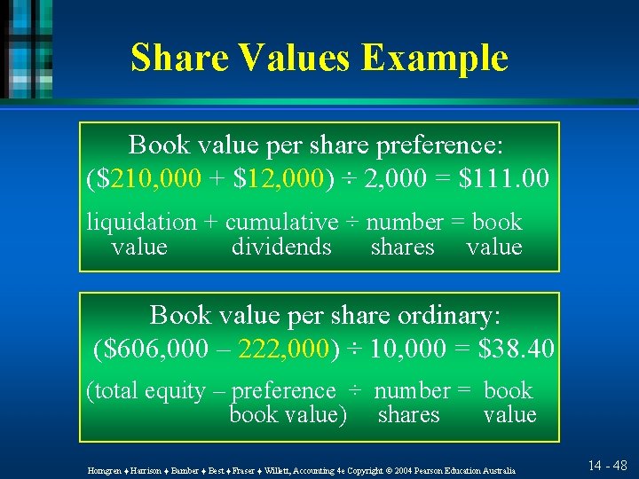 Share Values Example Book value per share preference: ($210, 000 + $12, 000) ÷