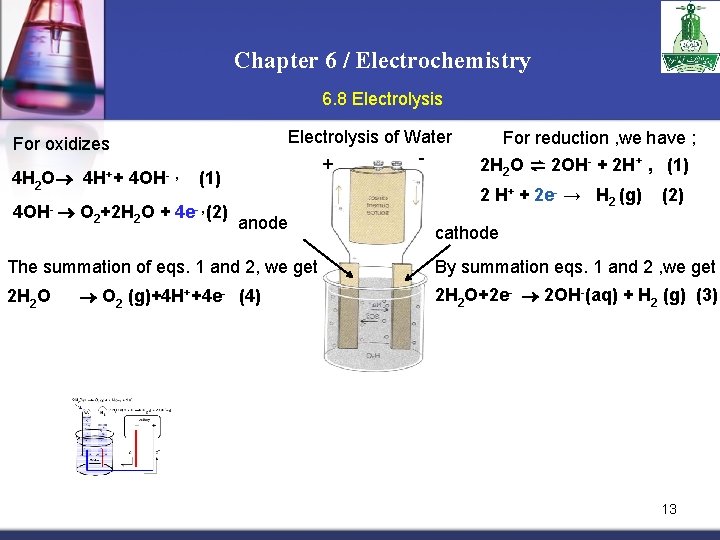 Chapter 6 / Electrochemistry 6. 8 Electrolysis of Water + For oxidizes 4 H