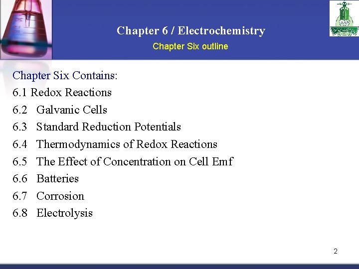 Chapter 6 / Electrochemistry Chapter Six outline Chapter Six Contains: 6. 1 Redox Reactions