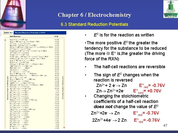 Chapter 6 / Electrochemistry 6. 3 Standard Reduction Potentials • E 0 is for