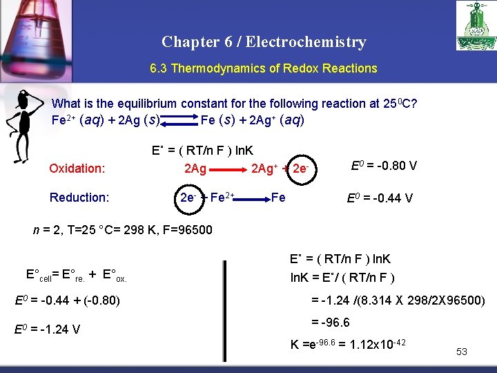 Chapter 6 / Electrochemistry 6. 3 Thermodynamics of Redox Reactions What is the equilibrium