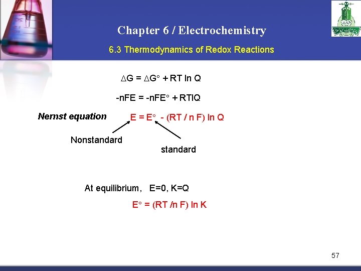 Chapter 6 / Electrochemistry 6. 3 Thermodynamics of Redox Reactions G = G +