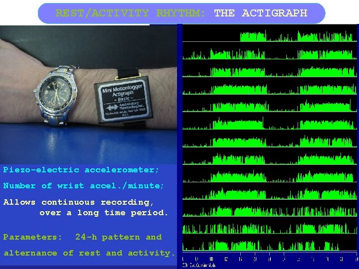 REST/ACTIVITY RHYTHM: THE ACTIGRAPH Piezo-electric accelerometer; Number of wrist accel. /minute; Allows continuous recording,