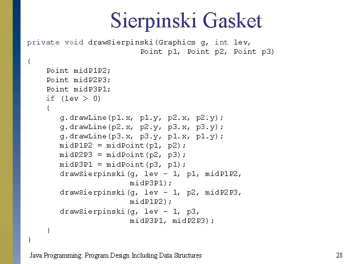 Sierpinski Gasket private void draw. Sierpinski(Graphics g, int lev, Point p 1, Point p