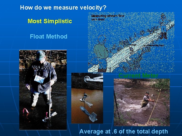 How do we measure velocity? Most Simplistic Float Method Current Meter Average at. 6