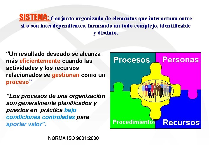 SISTEMA: Conjunto organizado de elementos que interactúan entre si o son interdependientes, formando un