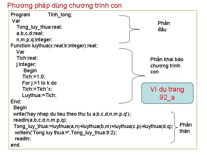 Phương pháp dùng chương trình con Program Tinh_tong; Var Phần Tong_luy_thua: real; đầu a,