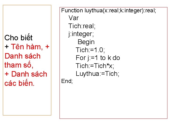 Function luythua(x: real; k: integer): real; Cho biết + Tên hàm, + Danh sách