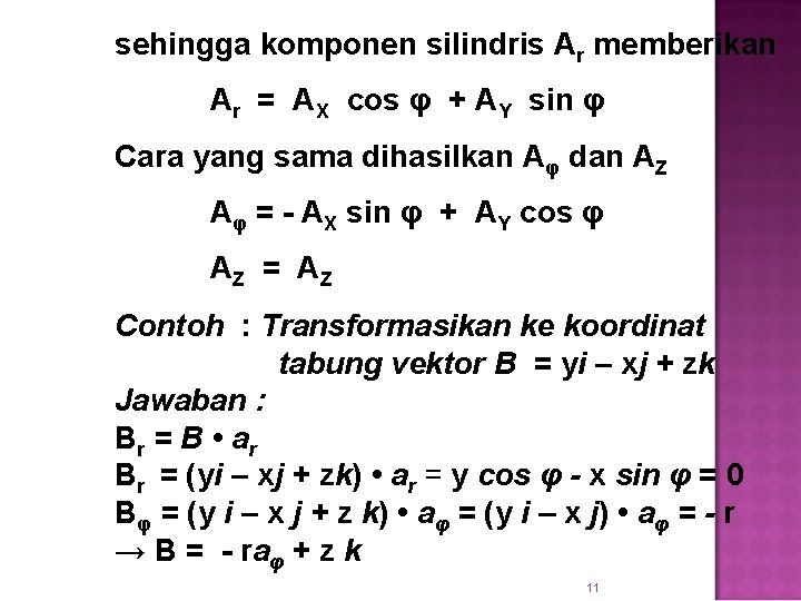 sehingga komponen silindris Ar memberikan Ar = AX cos φ + AY sin φ