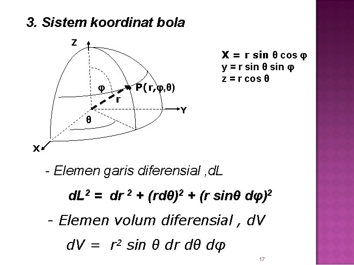 3. Sistem koordinat bola Z • P(r, φ, θ) φ r θ X =