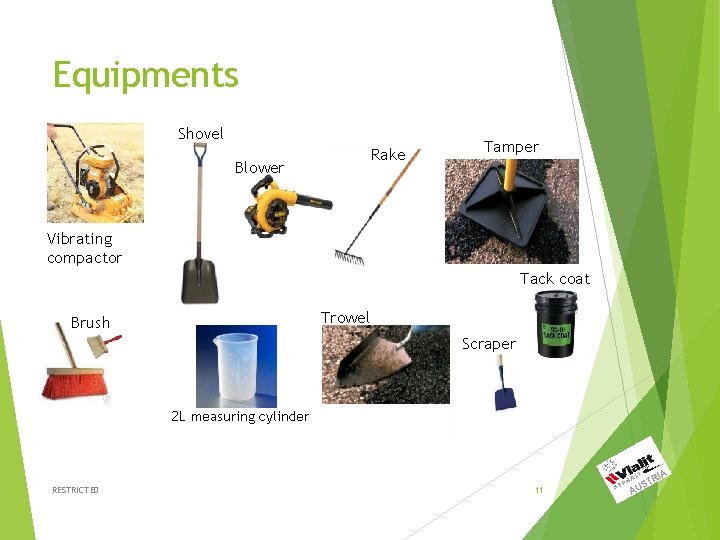 Equipments Shovel Rake Blower Tamper Vibrating compactor Tack coat Trowel Brush Scraper 2 L