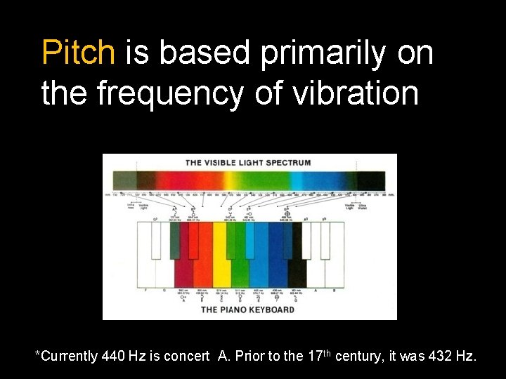 Pitch is based primarily on the frequency of vibration *Currently 440 Hz is concert