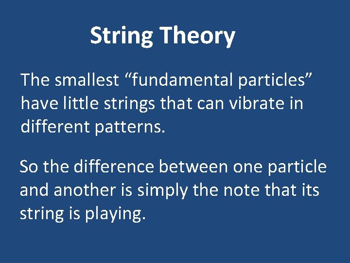 String Theory The smallest “fundamental particles” have little strings that can vibrate in different