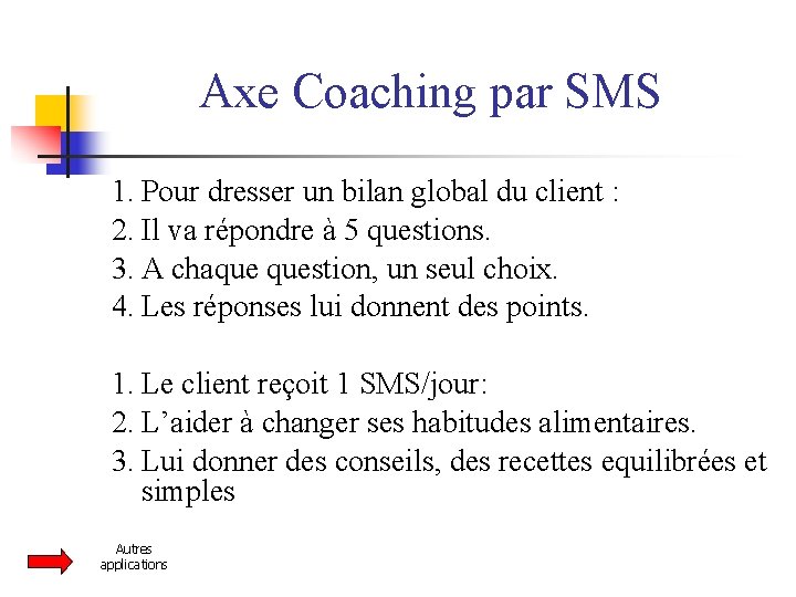 Axe Coaching par SMS 1. Pour dresser un bilan global du client : 2.