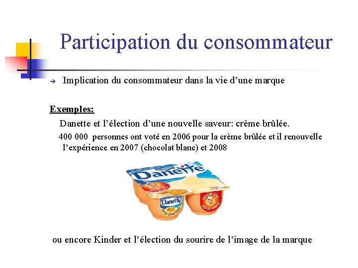 Participation du consommateur Implication du consommateur dans la vie d’une marque Exemples: Danette et