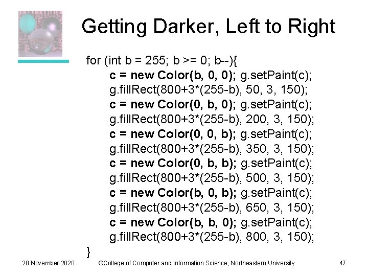 Getting Darker, Left to Right for (int b = 255; b >= 0; b--){