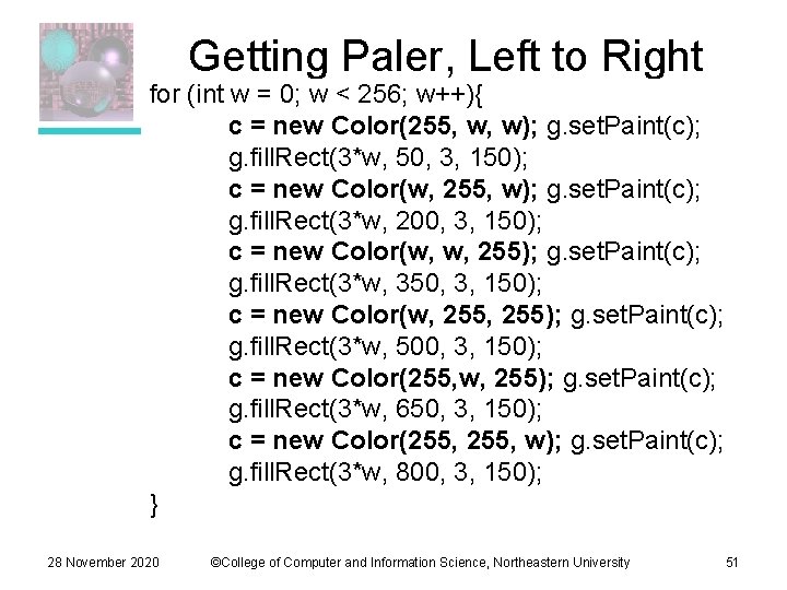 Getting Paler, Left to Right for (int w = 0; w < 256; w++){