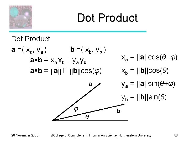 Dot Product a =( xa, ya ) b =( xb, yb ) a b