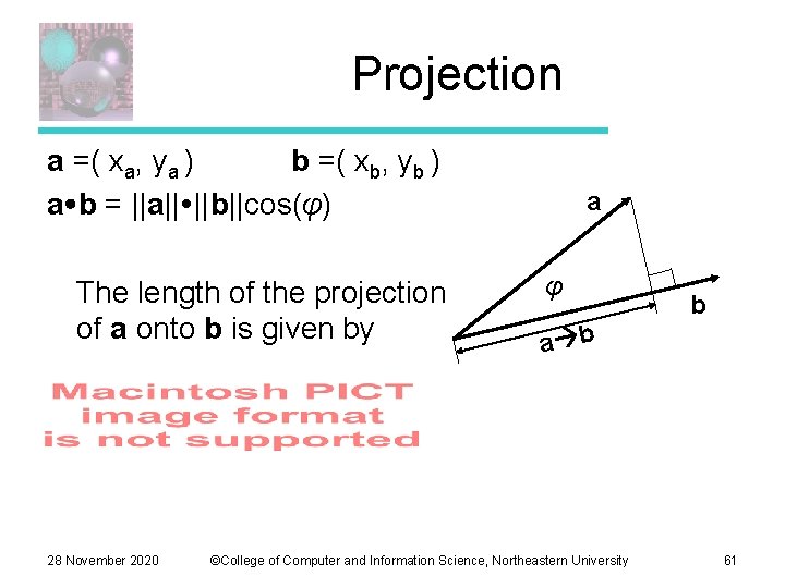 Projection a =( xa, ya ) b =( xb, yb ) a b =