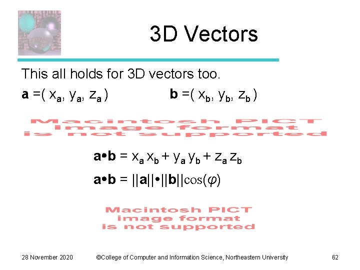 3 D Vectors This all holds for 3 D vectors too. a =( xa,