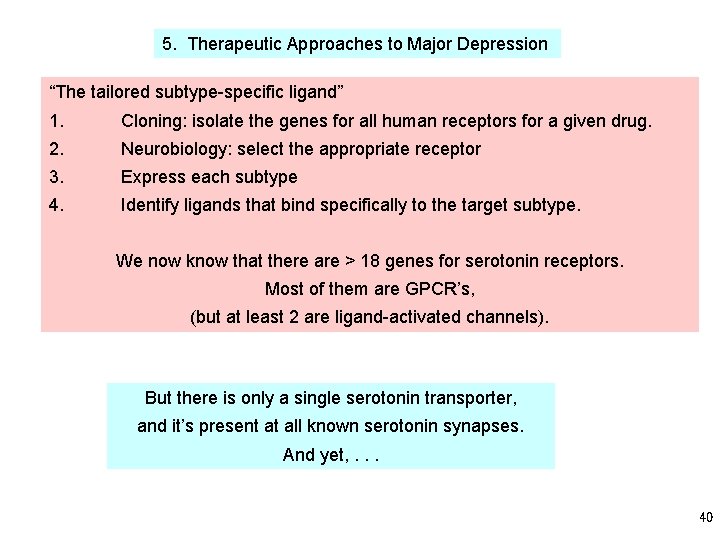 5. Therapeutic Approaches to Major Depression “The tailored subtype-specific ligand” 1. Cloning: isolate the