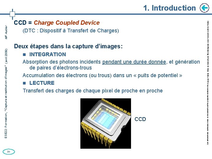 31 CCD = Charge Coupled Device (DTC : Dispositif à Transfert de Charges) Deux