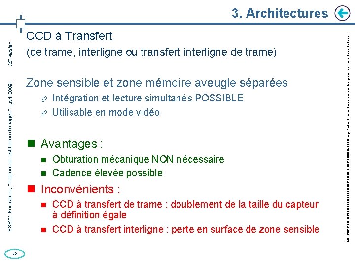 42 CCD à Transfert (de trame, interligne ou transfert interligne de trame) Zone sensible