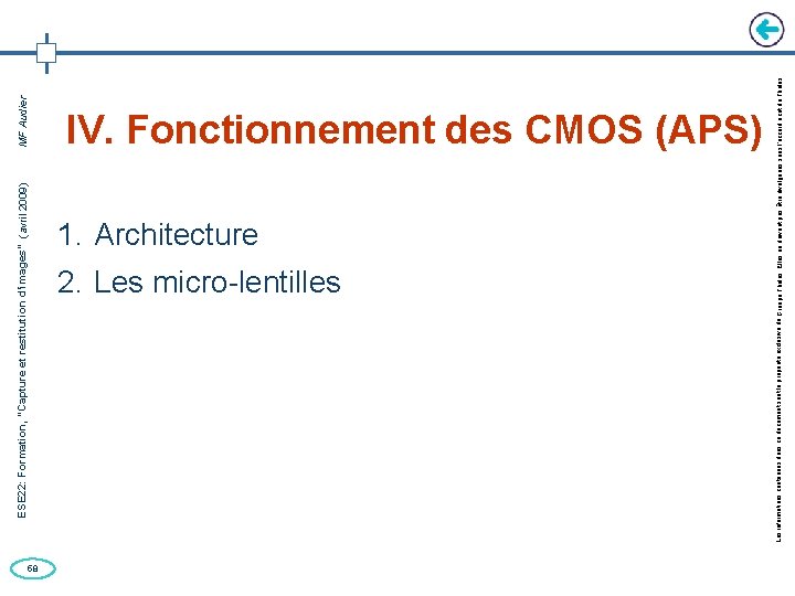 58 ESE 22: Formation, “Capture et restitution d’images” (avril 2009) MF Audier 1. Architecture
