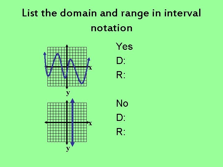 List the domain and range in interval notation x Yes D: R: y x
