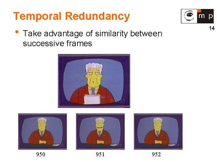 Temporal Redundancy • Take advantage of similarity between successive frames 950 951 952 14