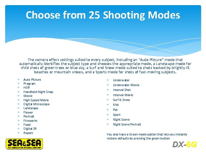 Choose from 25 Shooting Modes The camera offers settings suited to every subject, including