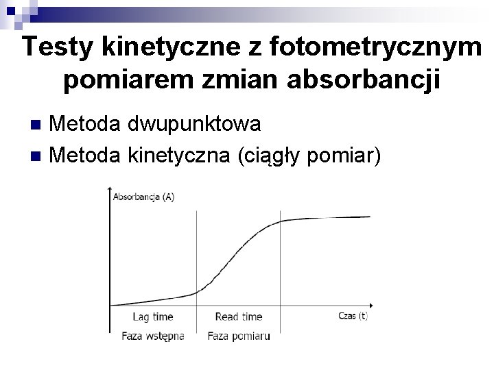 Testy kinetyczne z fotometrycznym pomiarem zmian absorbancji Metoda dwupunktowa n Metoda kinetyczna (ciągły pomiar)