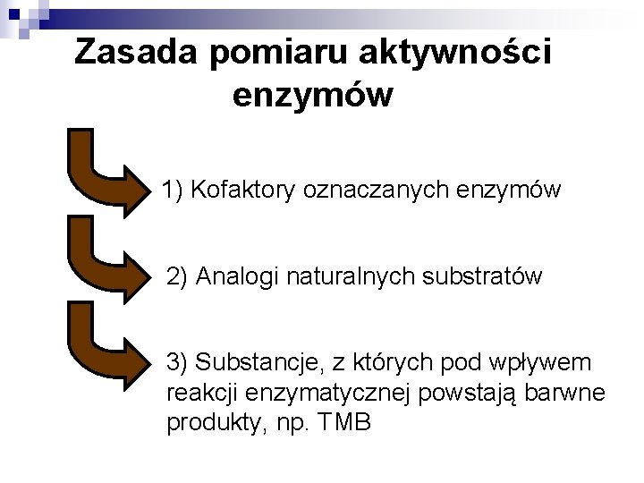 Zasada pomiaru aktywności enzymów 1) Kofaktory oznaczanych enzymów 2) Analogi naturalnych substratów 3) Substancje,