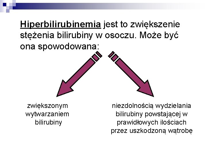 Hiperbilirubinemia jest to zwiększenie stężenia bilirubiny w osoczu. Może być ona spowodowana: zwiększonym wytwarzaniem Hiperbilirubinemia jest to zwiększenie stężenia bilirubiny w osoczu. Może być ona spowodowana: zwiększonym wytwarzaniem