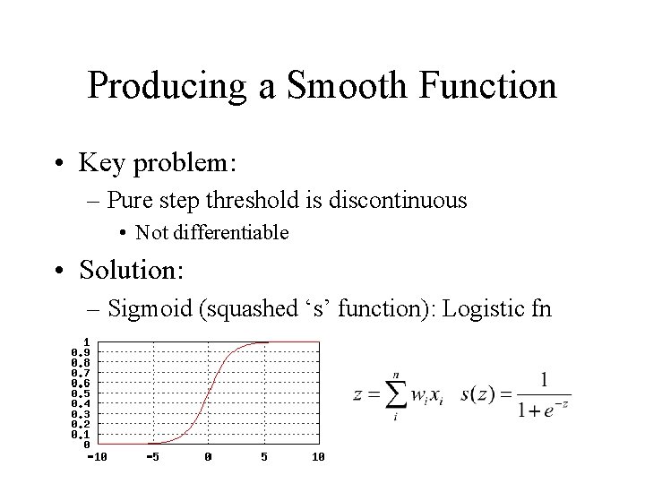 Producing a Smooth Function • Key problem: – Pure step threshold is discontinuous •
