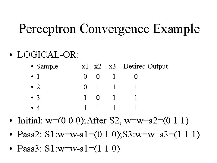 Perceptron Convergence Example • LOGICAL-OR: • • • Sample 1 2 3 4 x