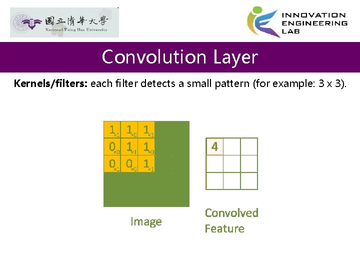 Convolution Layer Kernels/filters: each filter detects a small pattern (for example: 3 x 3).