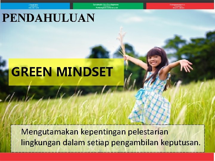 PENDAHULUAN GREEN MINDSET Mengutamakan kepentingan pelestarian lingkungan dalam setiap pengambilan keputusan. 