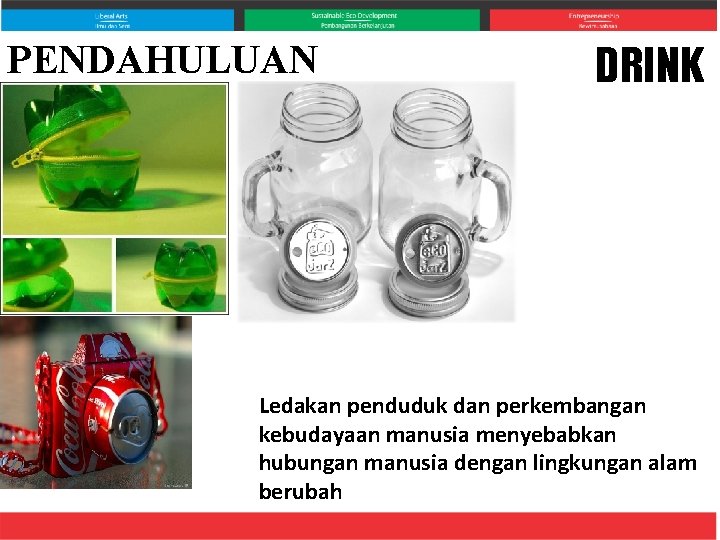 PENDAHULUAN DRINK Ledakan penduduk dan perkembangan kebudayaan manusia menyebabkan hubungan manusia dengan lingkungan alam