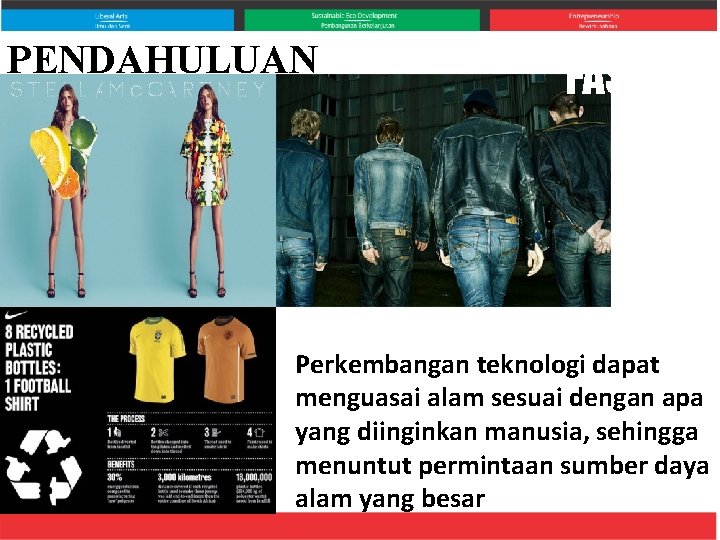 PENDAHULUAN FASHION Perkembangan teknologi dapat menguasai alam sesuai dengan apa yang diinginkan manusia, sehingga