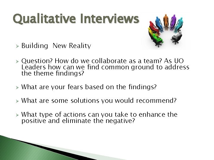 Qualitative Interviews Ø Ø Building New Reality Question? How do we collaborate as a
